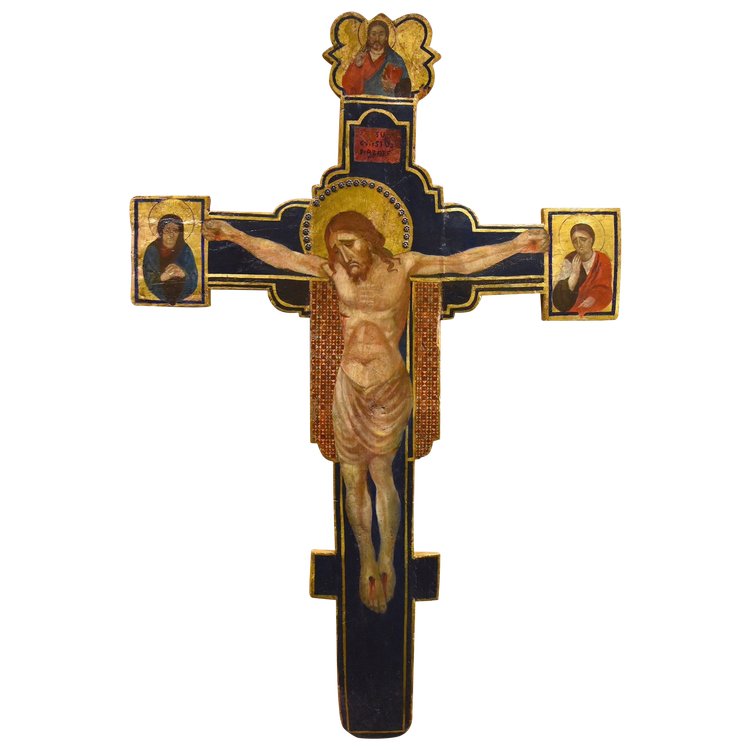 Antique Wooden Crucified Christ With God The Father, The Virgin And St. Joh