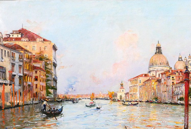 Tullio CAMPRIANI 1876-1939 Venezia, paesaggio del Canal Grande, dipinto, 1900 ca.