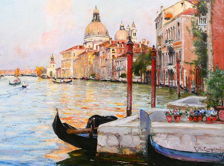 Tullio CAMPRIANI 1876-1939 Venezia, paesaggio del Canal Grande, dipinto, 1900 ca.