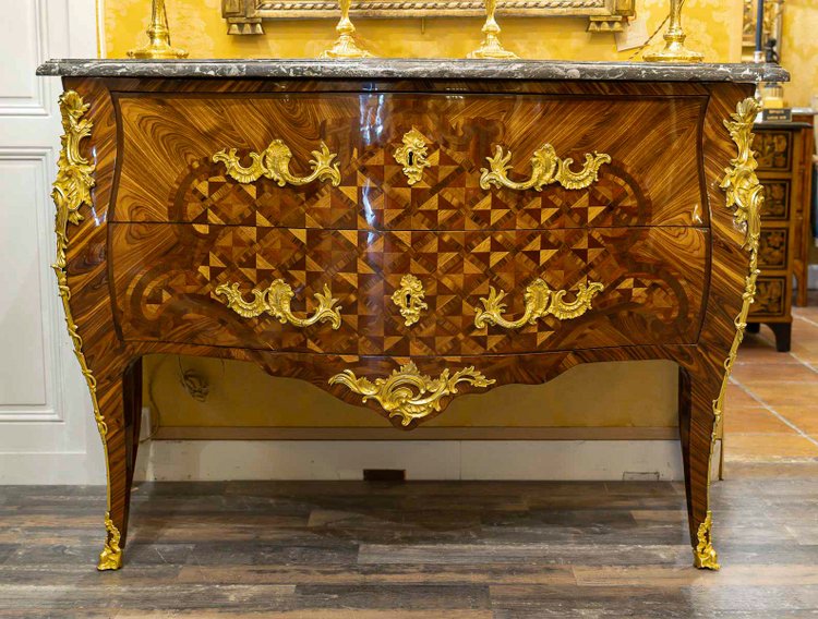 Gilles Joubert and Roger Vandercruse dit Lacroix Marquetry commode and crowned C bronze circa 1755