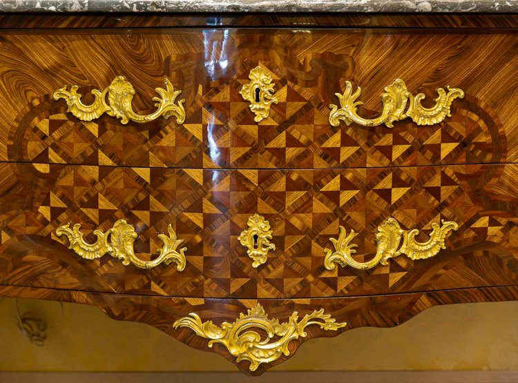 Gilles Joubert and Roger Vandercruse dit Lacroix Marquetry commode and crowned C bronze circa 1755