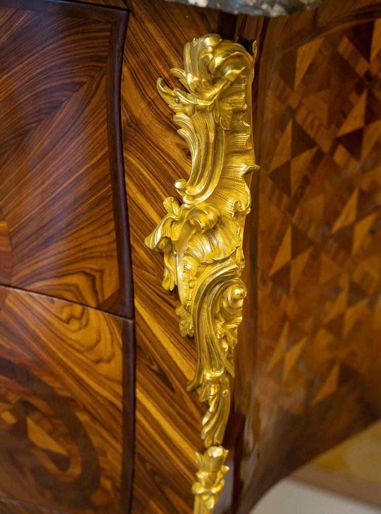 Gilles Joubert and Roger Vandercruse dit Lacroix Marquetry commode and crowned C bronze circa 1755