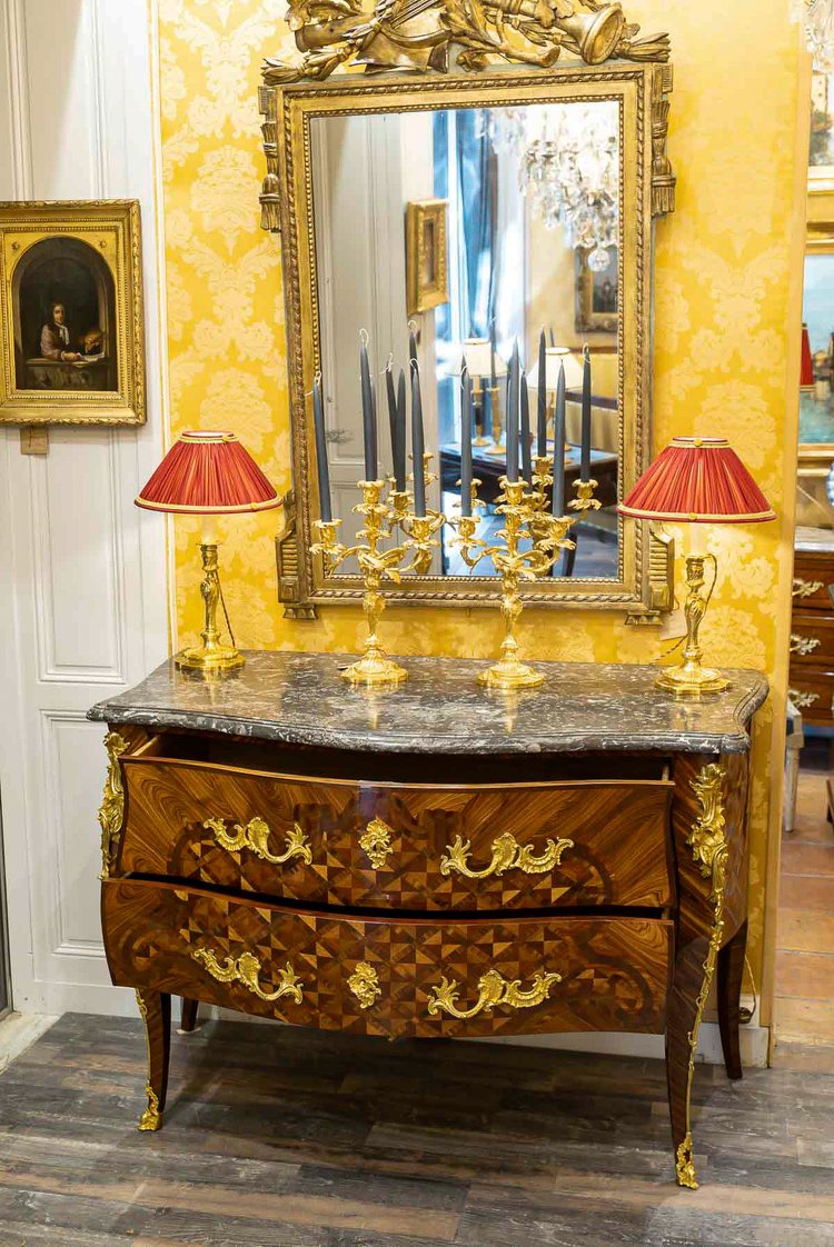 Gilles Joubert and Roger Vandercruse dit Lacroix Marquetry commode and crowned C bronze circa 1755