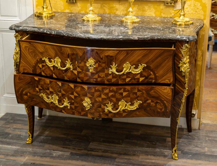 Gilles Joubert and Roger Vandercruse dit Lacroix Marquetry commode and crowned C bronze circa 1755