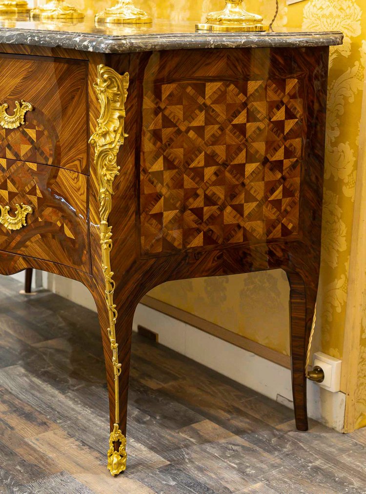 Gilles Joubert and Roger Vandercruse dit Lacroix Marquetry commode and crowned C bronze circa 1755