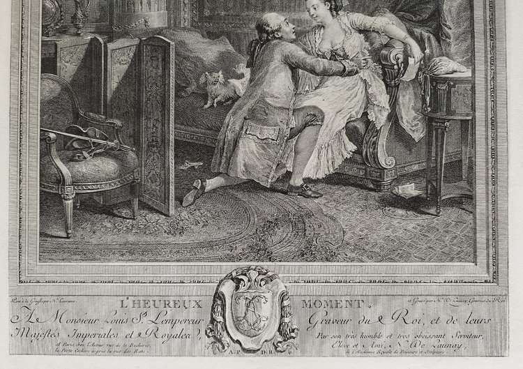 Etching The Happy Moment Engraving By De Launay After Lavreince 18th C Old Print