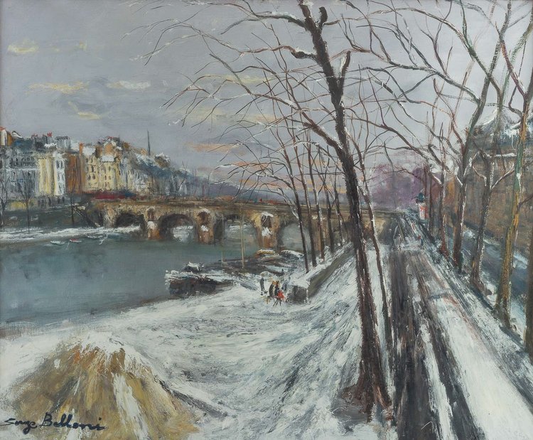 Serge Belloni  (1925-2005) The Painter of Paris The Pont Marie the Ile Saint-Louis under the Snow