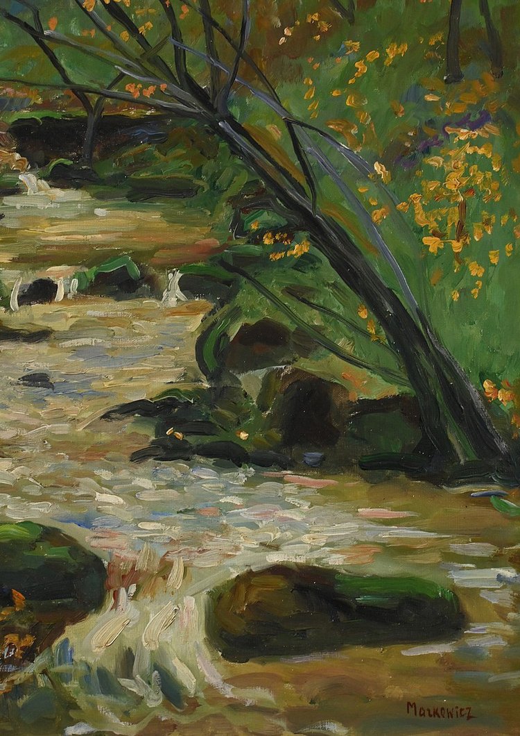 Huile sur Toile « Ruisseau en forêt » signée A. Markowicz – Début XXe