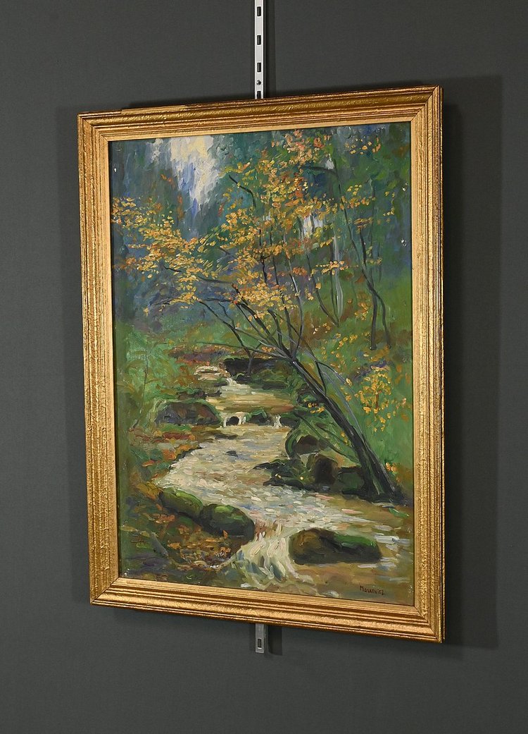 Huile sur Toile « Ruisseau en forêt » signée A. Markowicz – Début XXe