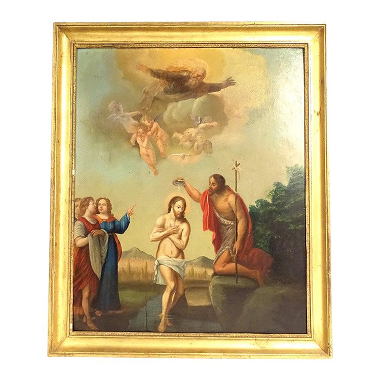 HSP Painting Baptism Of Christ Jesus Saint John the Baptist Angelots Late 18th century