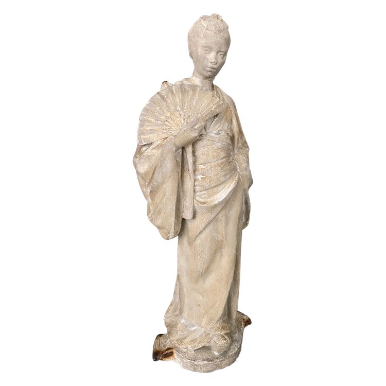 Atelierstatue aus Gips von Charles Filleul Frau mit Fächer XX.