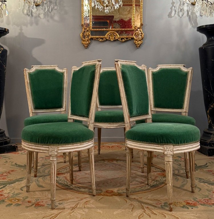 Paul François Jean, Suite De Cinq Chaises En Bois Laque Estampillée d'Epoque Louis XVI