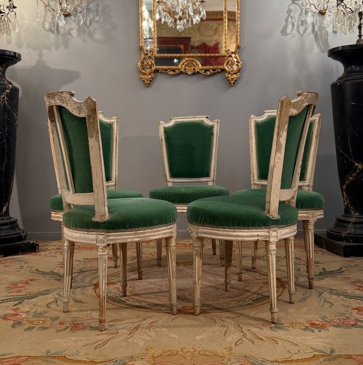 Paul François Jean, Suite De Cinq Chaises En Bois Laque Estampillée d'Epoque Louis XVI