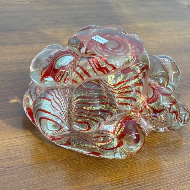 Antike Murano-Glas Aschenbecher Blase Herzstück 1930er Barovier .  Rot und Gold . Größe 20 cm