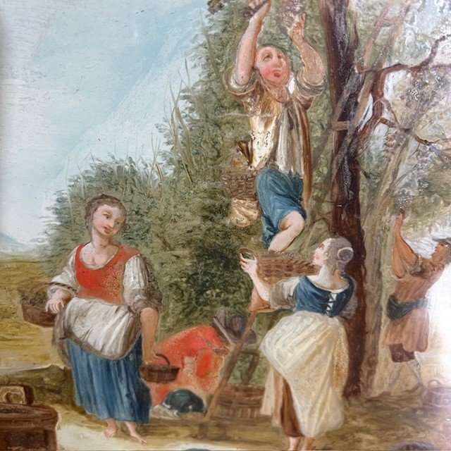 Antique pair beautiful paintings on glass eighteenth century Venetian school. Peasant scenes mis 46 x 3