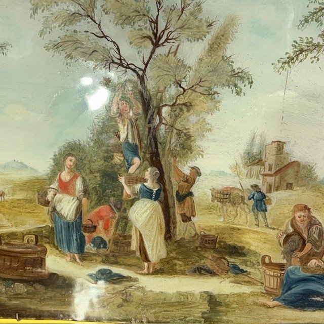 Antique pair beautiful paintings on glass eighteenth century Venetian school. Peasant scenes mis 46 x 3