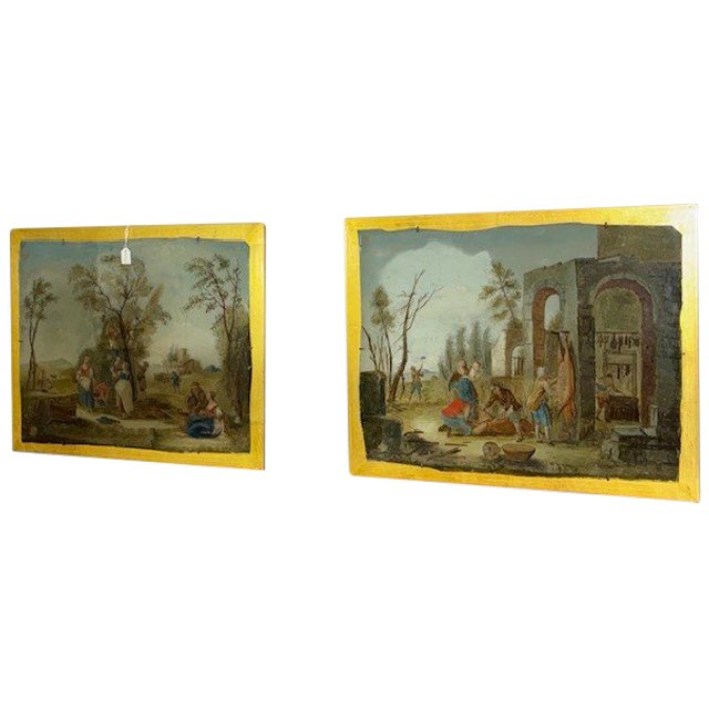 Antique pair beautiful paintings on glass eighteenth century Venetian school. Peasant scenes mis 46 x 3