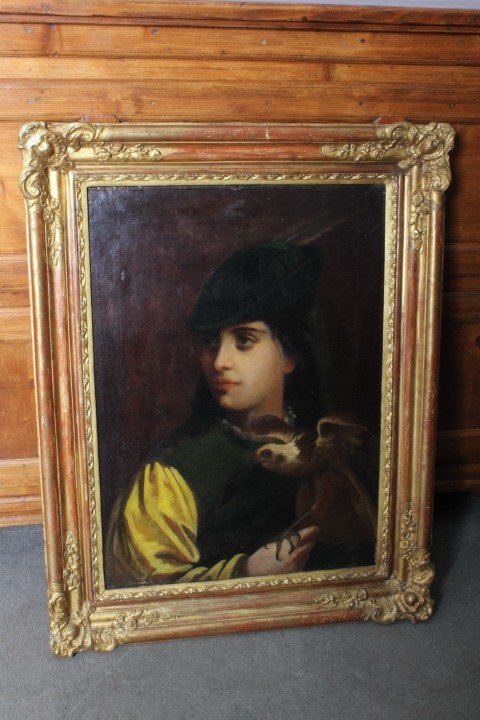 Antique early 19th century oil on canvas painting "Falconer " in gold leaf frame . Meas 82 x 64