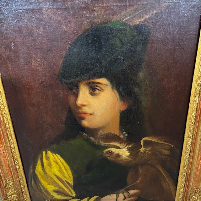 Antique early 19th century oil on canvas painting "Falconer " in gold leaf frame . Meas 82 x 64