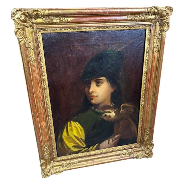 Antique early 19th century oil on canvas painting "Falconer " in gold leaf frame . Meas 82 x 64