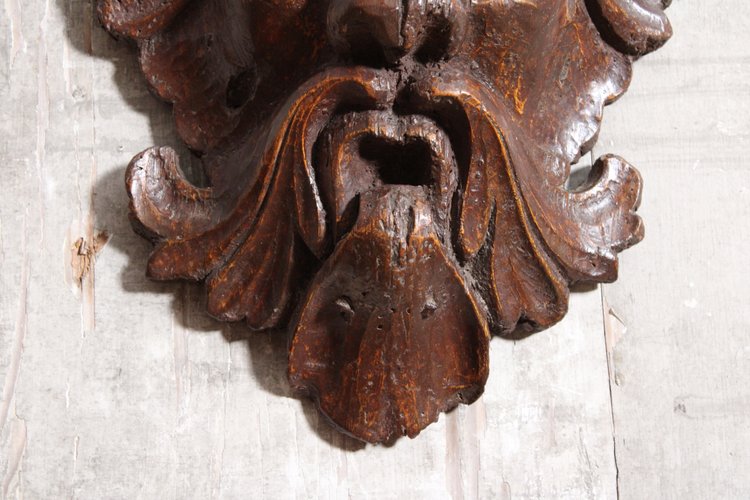 Mascaron "masque Feuillu" In Carved Wood, 17th Century