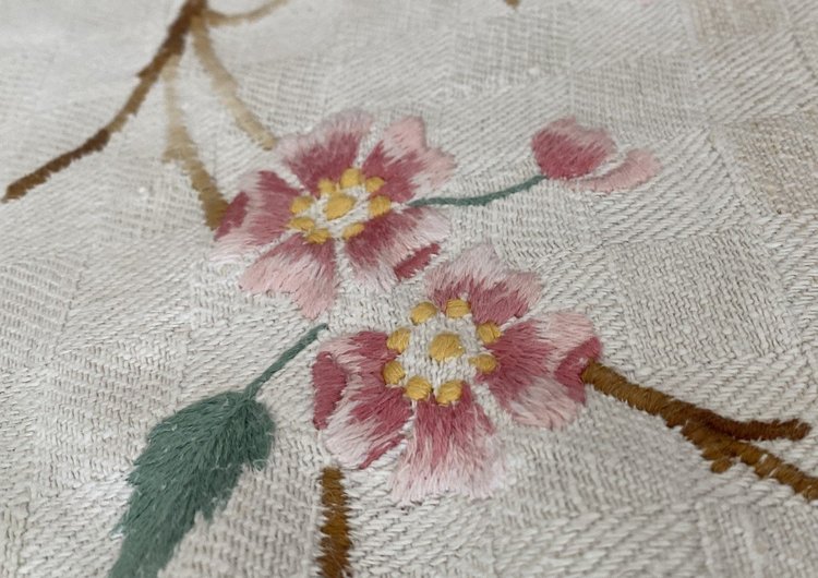 Large Linen Flower Embroidered Tablecloth 19th century