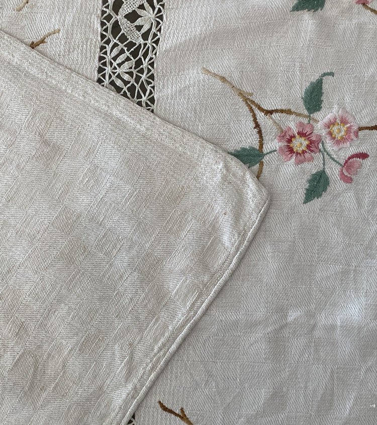 Large Linen Flower Embroidered Tablecloth 19th century