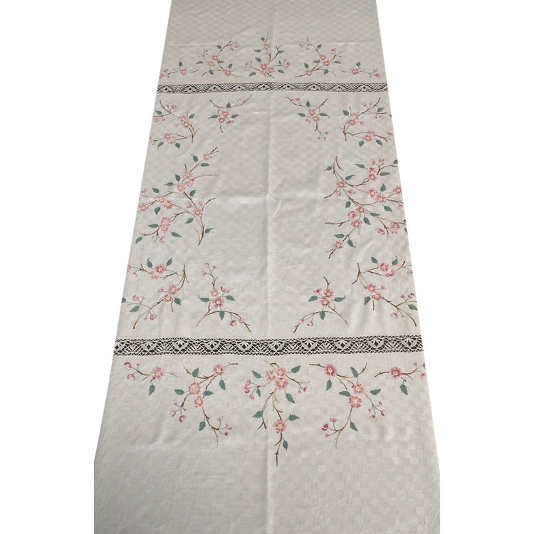 Large Linen Flower Embroidered Tablecloth 19th century