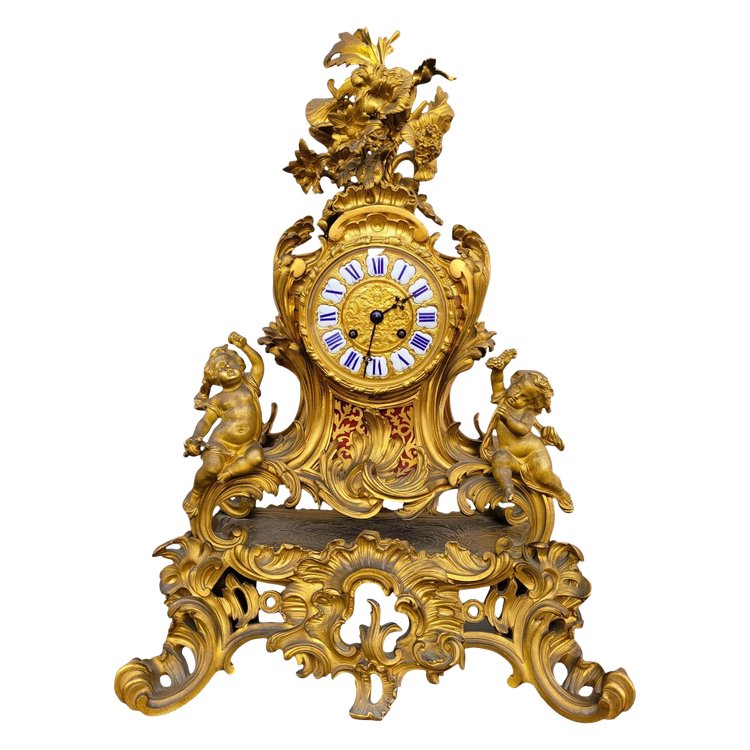 Orologio Rocaille in bronzo dorato, Napoleone III, XIX secolo