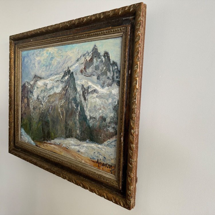 Huile sur toile par Jean Vinay La Meije et la Meijette vue de montagne