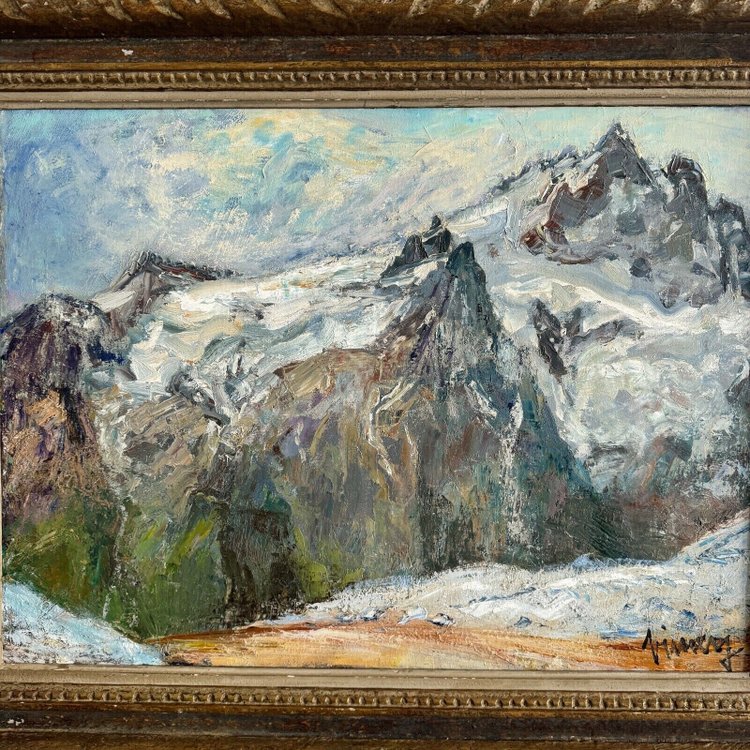 Huile sur toile par Jean Vinay La Meije et la Meijette vue de montagne