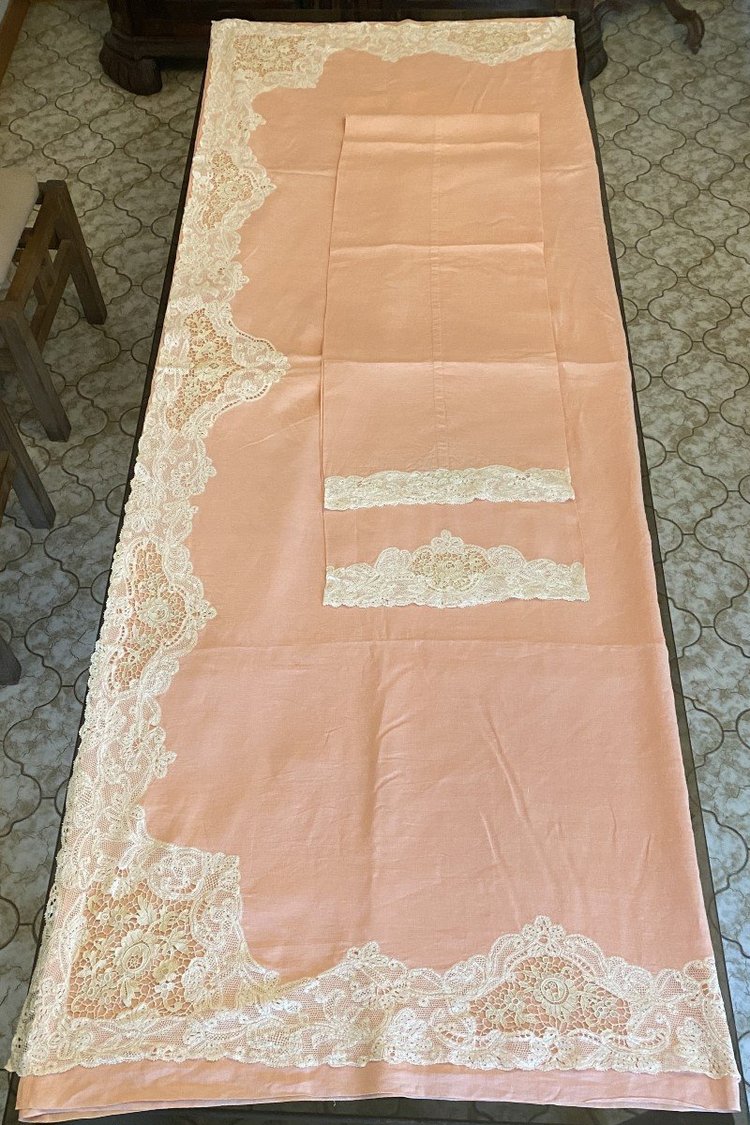  Luxeuil Lace Pink Linen Thread Sheet and Bolster with 19th C. Flower Design