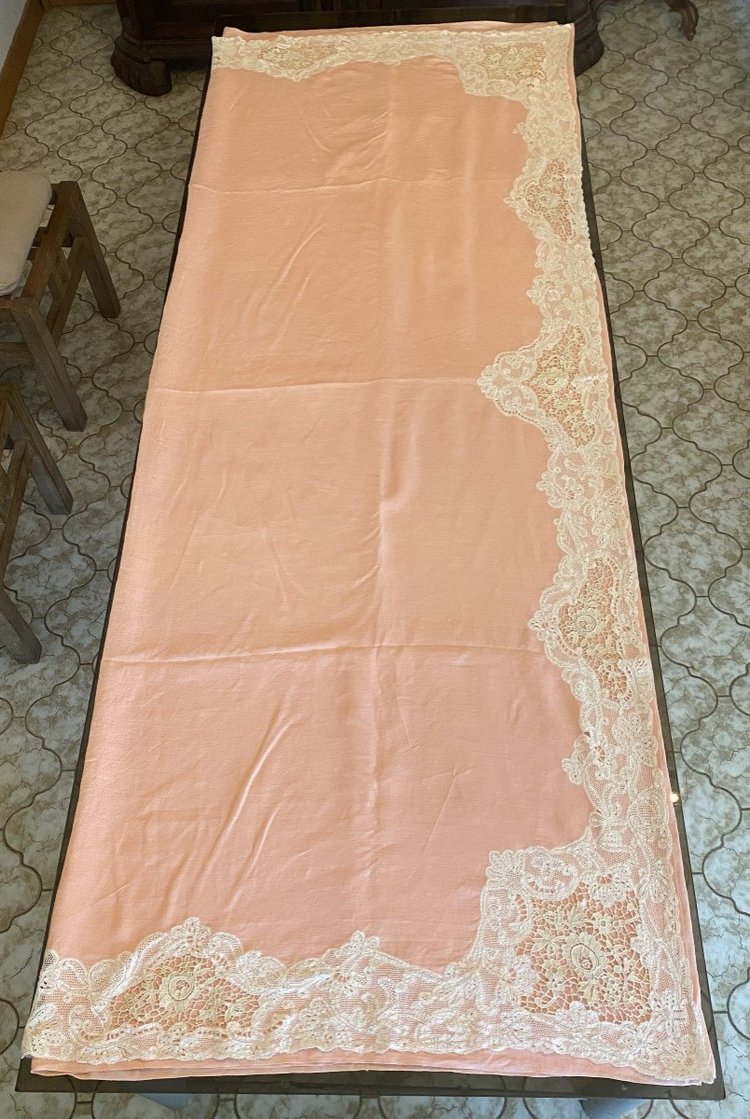  Luxeuil Lace Pink Linen Thread Sheet and Bolster with 19th C. Flower Design