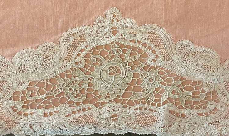  Luxeuil Lace Pink Linen Thread Sheet and Bolster with 19th C. Flower Design