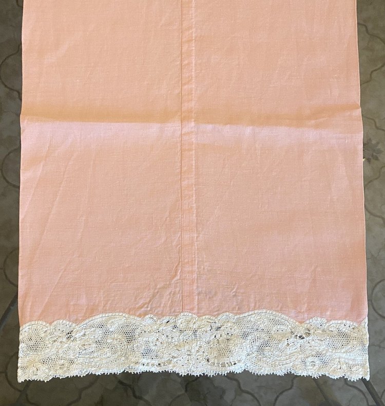  Luxeuil Lace Pink Linen Thread Sheet and Bolster with 19th C. Flower Design