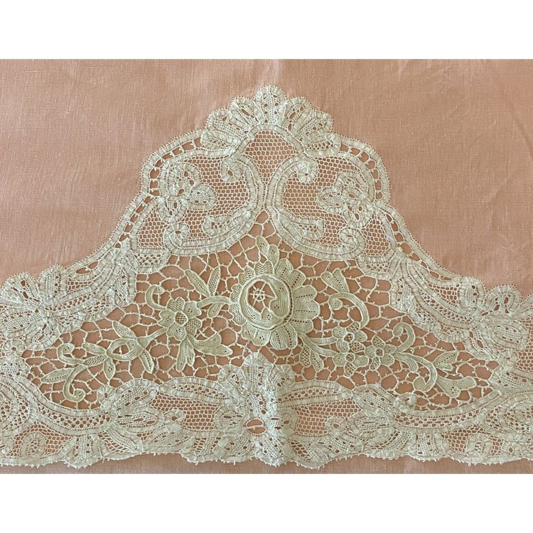  Luxeuil Lace Pink Linen Thread Sheet and Bolster with 19th C. Flower Design