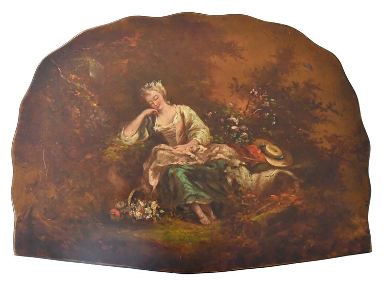 Painted wood saddle decorated with a seated woman with a basket of flowers and landscape