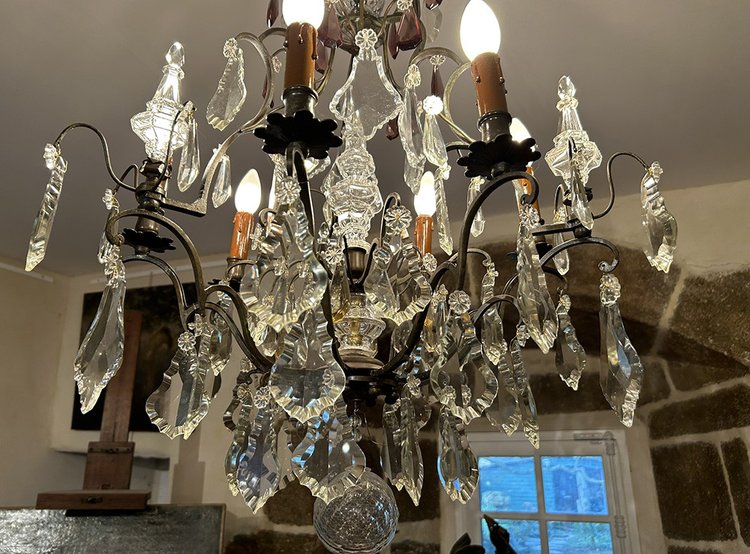 Chandelier 6 Lights Bronze Cut Crystal Pendants Knives 19th century