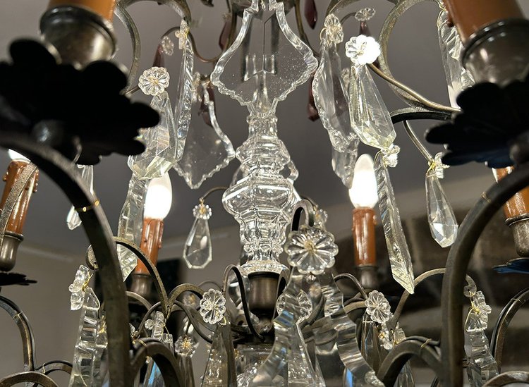 Chandelier 6 Lights Bronze Cut Crystal Pendants Knives 19th century