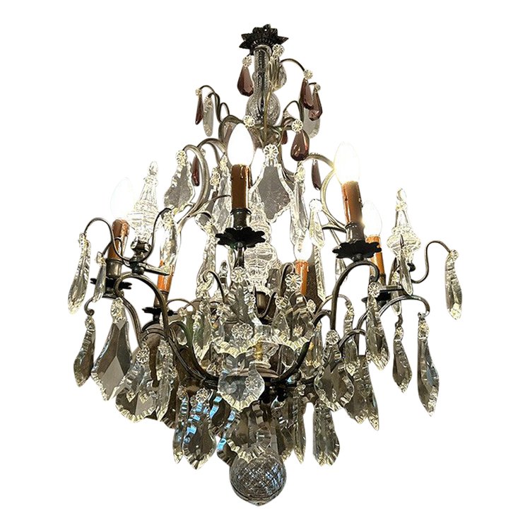 Chandelier 6 Lights Bronze Cut Crystal Pendants Knives 19th century