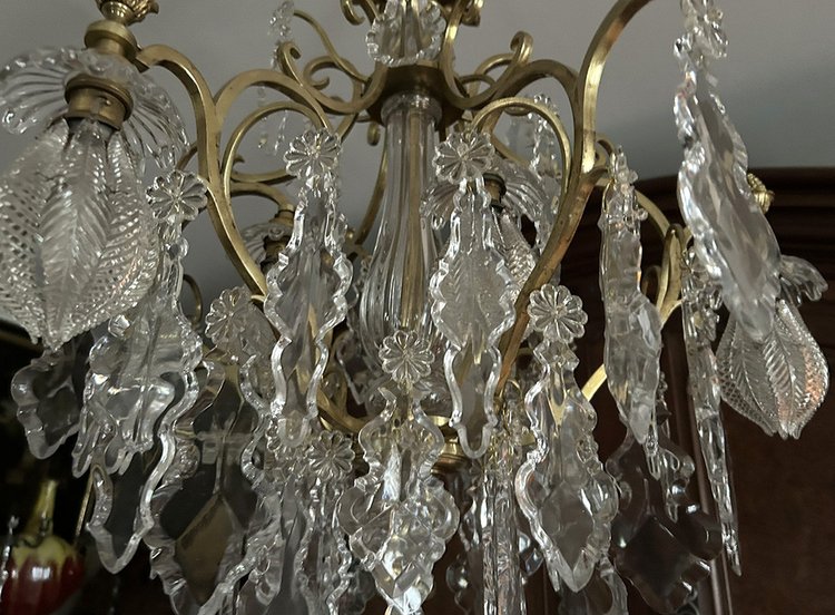 Chandelier Cage 6 Lights Gilded Bronze Cut Crystal Flower Pampilles XIXè Siècle