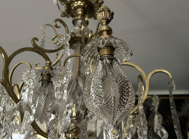 Chandelier Cage 6 Lights Gilded Bronze Cut Crystal Flower Pampilles XIXè Siècle