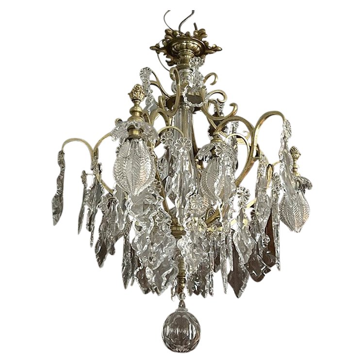 Chandelier Cage 6 Lights Gilded Bronze Cut Crystal Flower Pampilles XIXè Siècle