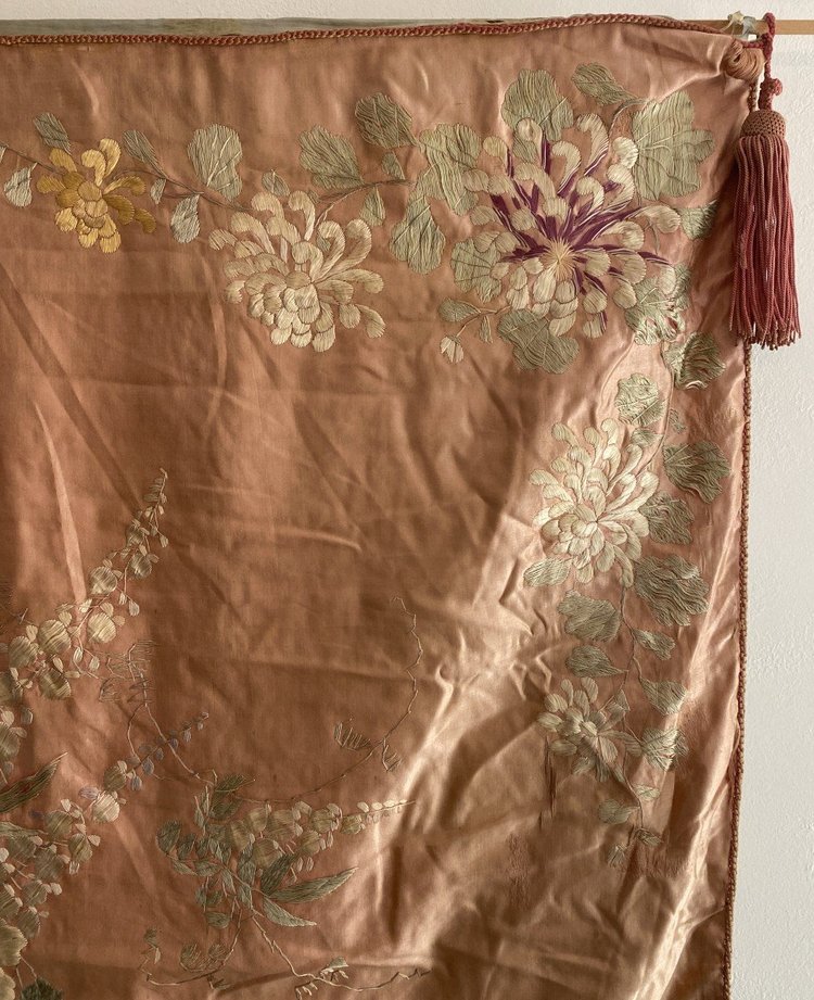 Asian Silk Rose With Peonies Embroidered Wall Hanging