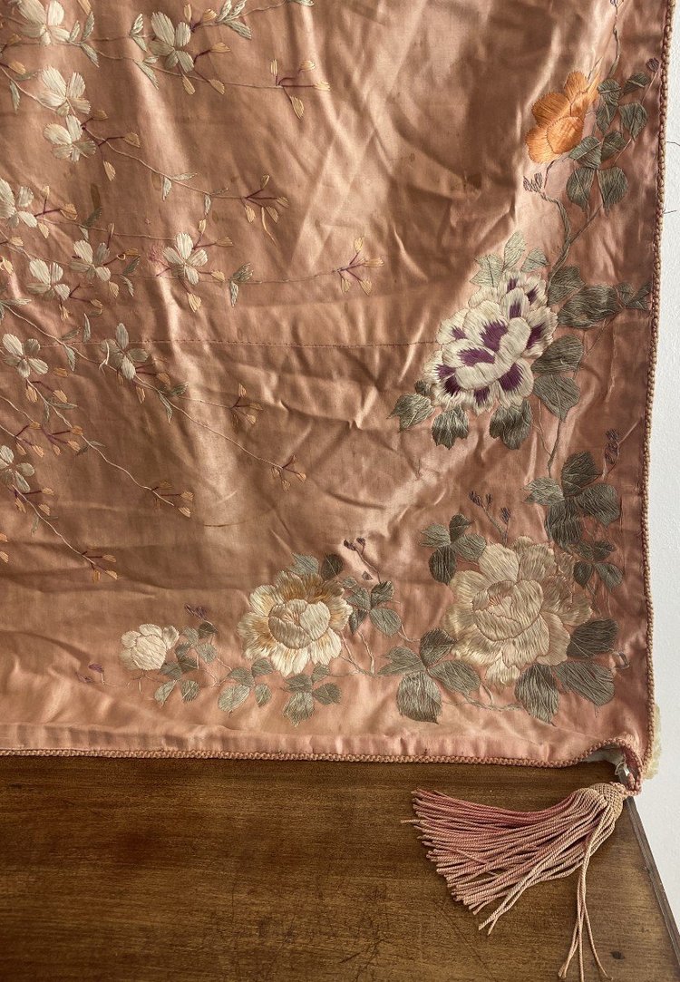 Asian Silk Rose With Peonies Embroidered Wall Hanging