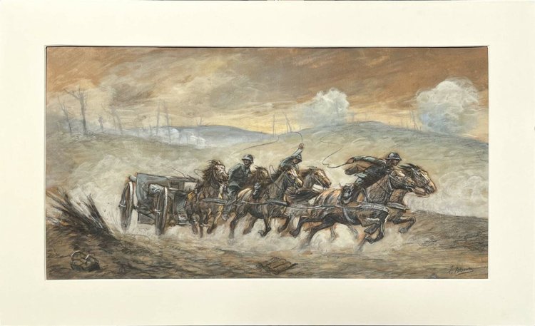 Julien Le Blant - Horse-drawn cannon under shellfire