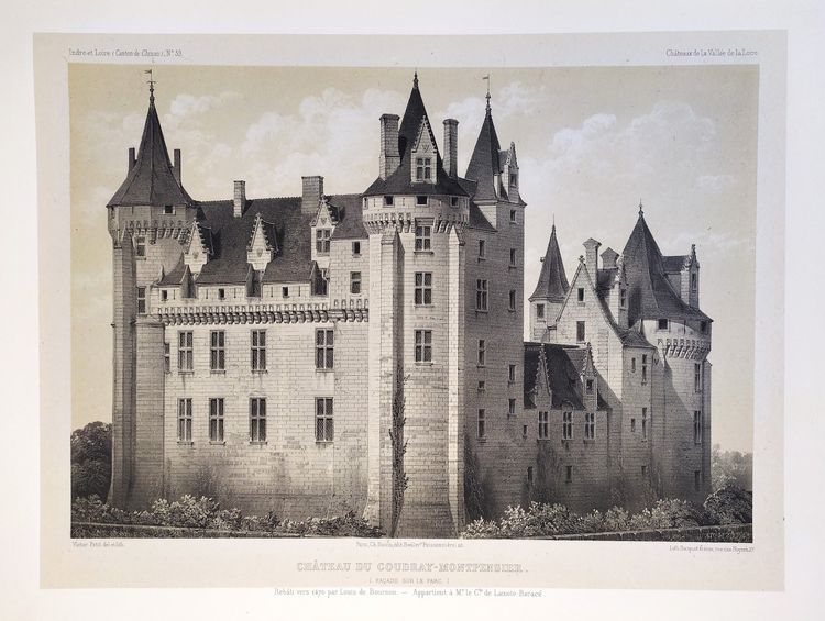  French Castle Coudray-montpensier Lithograph By Victor Petit 19th Century Old Print