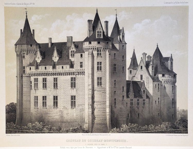  French Castle Coudray-montpensier Lithograph By Victor Petit 19th Century Old Print