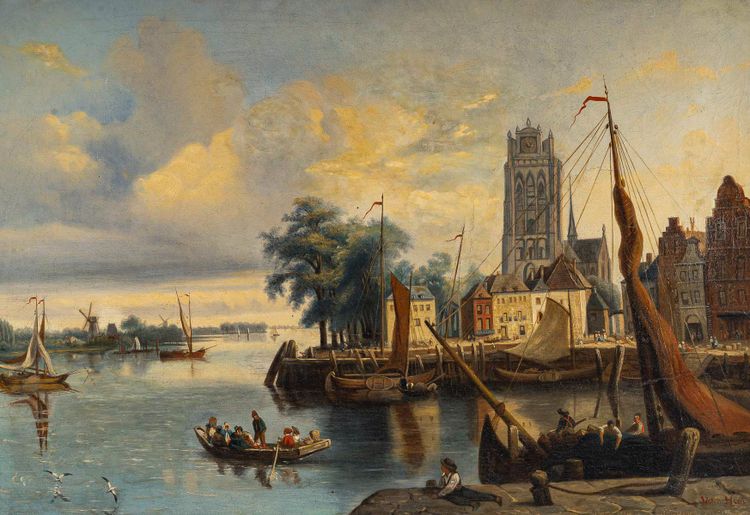 Joachim Hierschel de Minerbi (1834-1905) View of the Grote Kerk in Dordrecht oil on canvas  1850