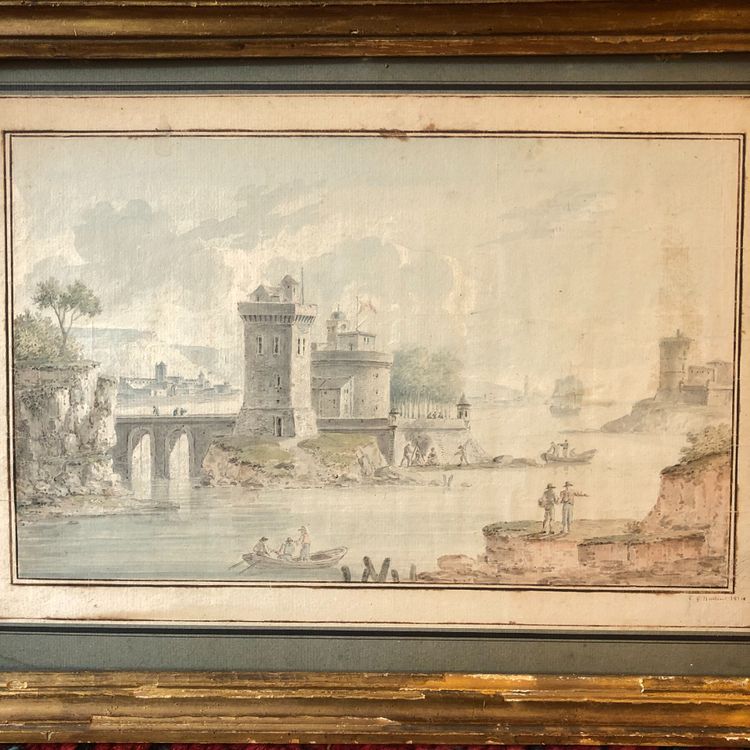 Veduta di un porto immaginario, firmato Naissaut 1814